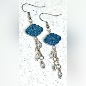 Midnight Blue Glass Cloud Clear and Silver Raindrop Teardrop Dangle Earrings